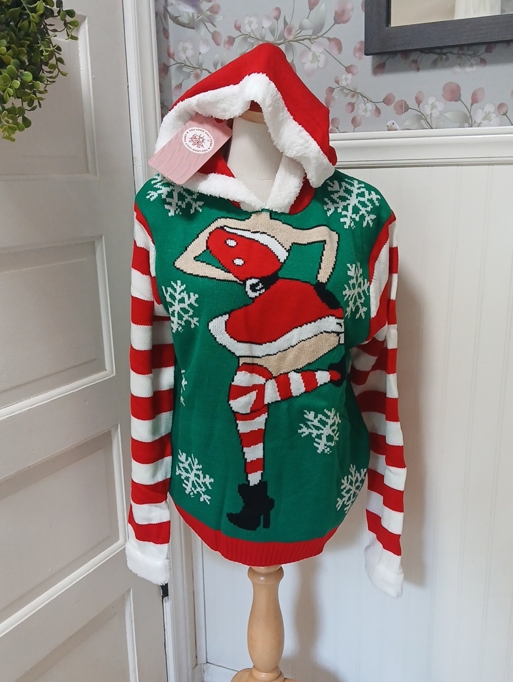 Ugly Christmas Sweater Green, Red & White Hooded Festive Knit